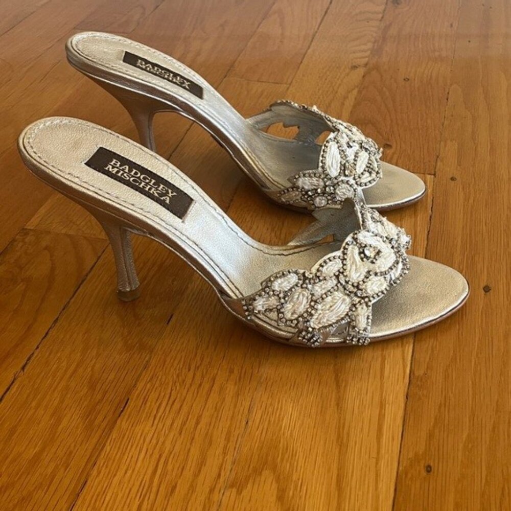 Badgley Mischka Elegant Silver Heels with Embellishments, gently worn